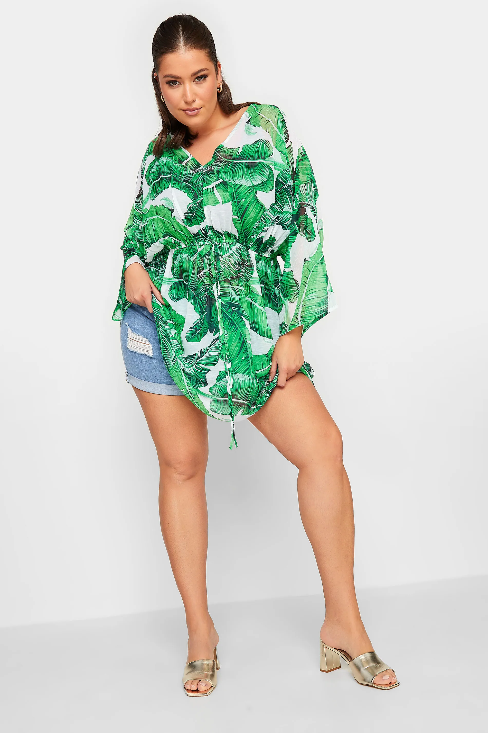 YOURS Curve Green Leaf Print Kimono - Green Leaf Print Kimono by YOURS Curve