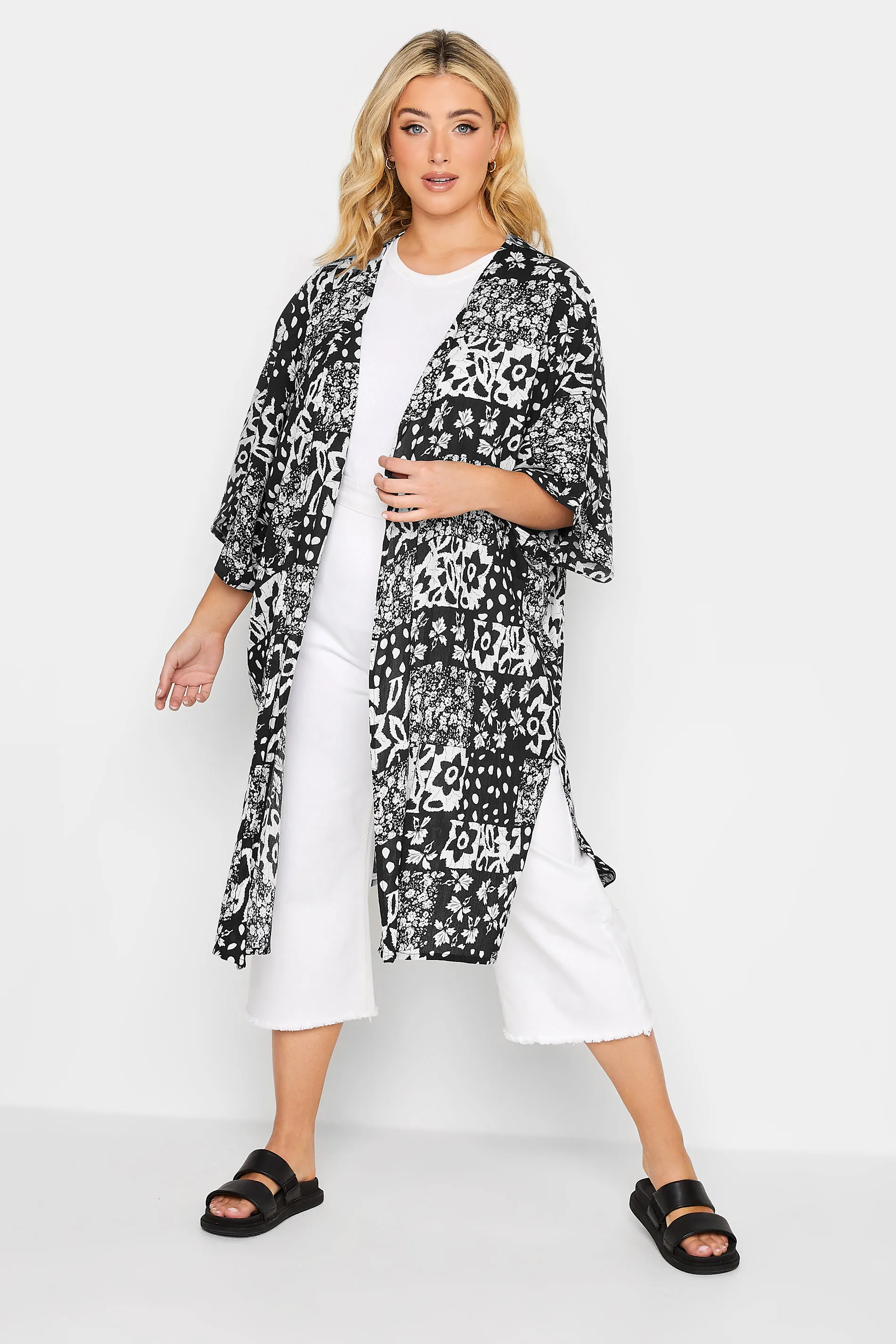 YOURS Tropical Print Longline Kimono Black: Curved Design.