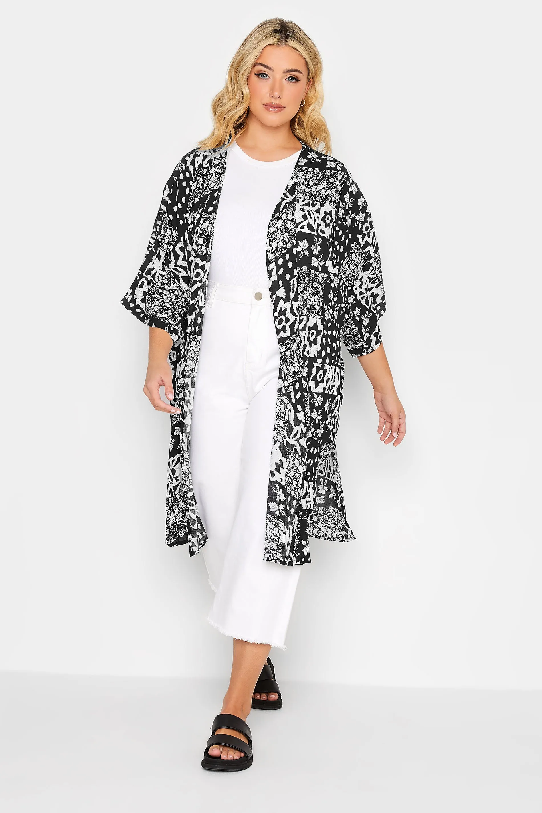 YOURS Tropical Print Longline Kimono Black: Curved Design.