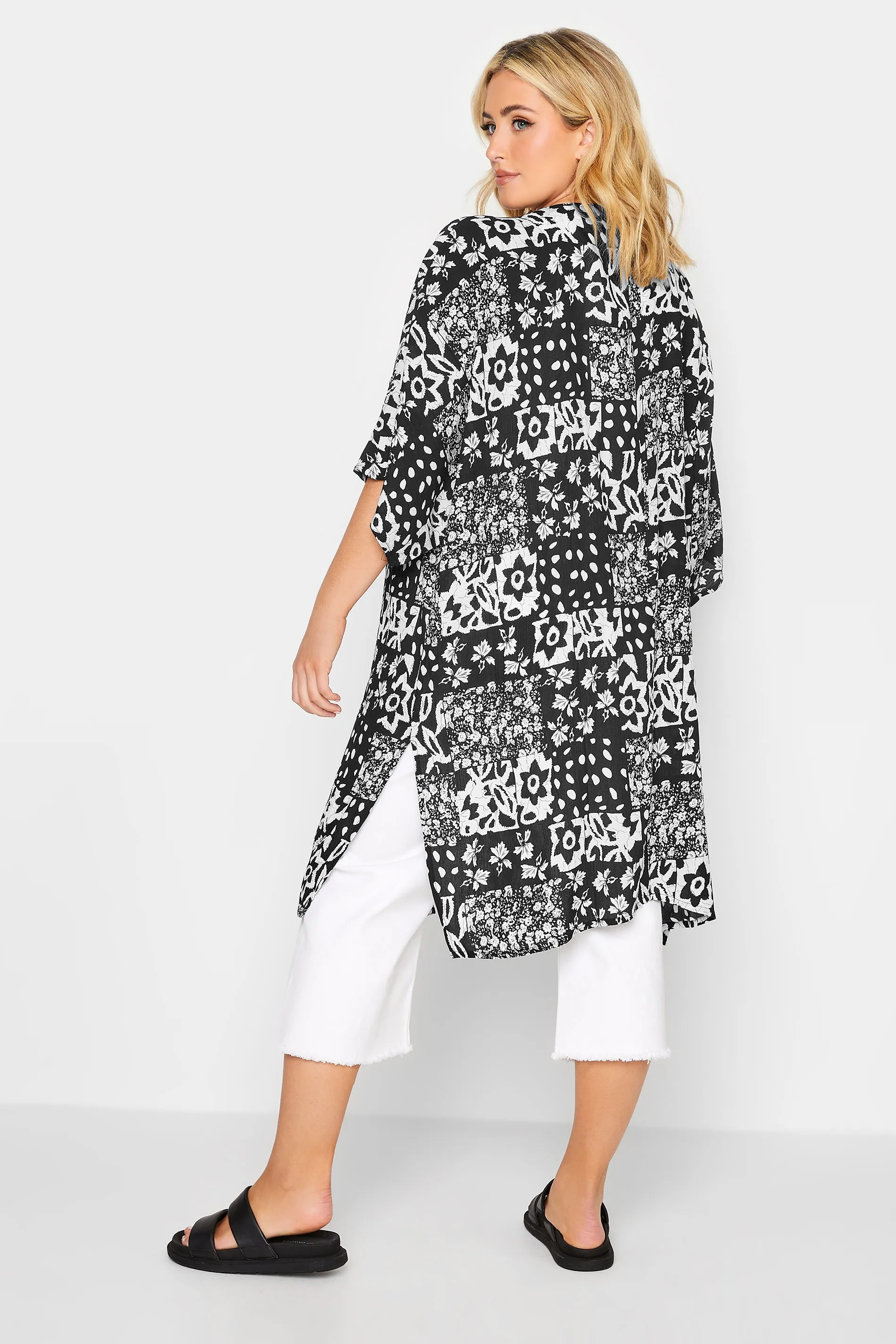 YOURS Tropical Print Longline Kimono Black: Curved Design.