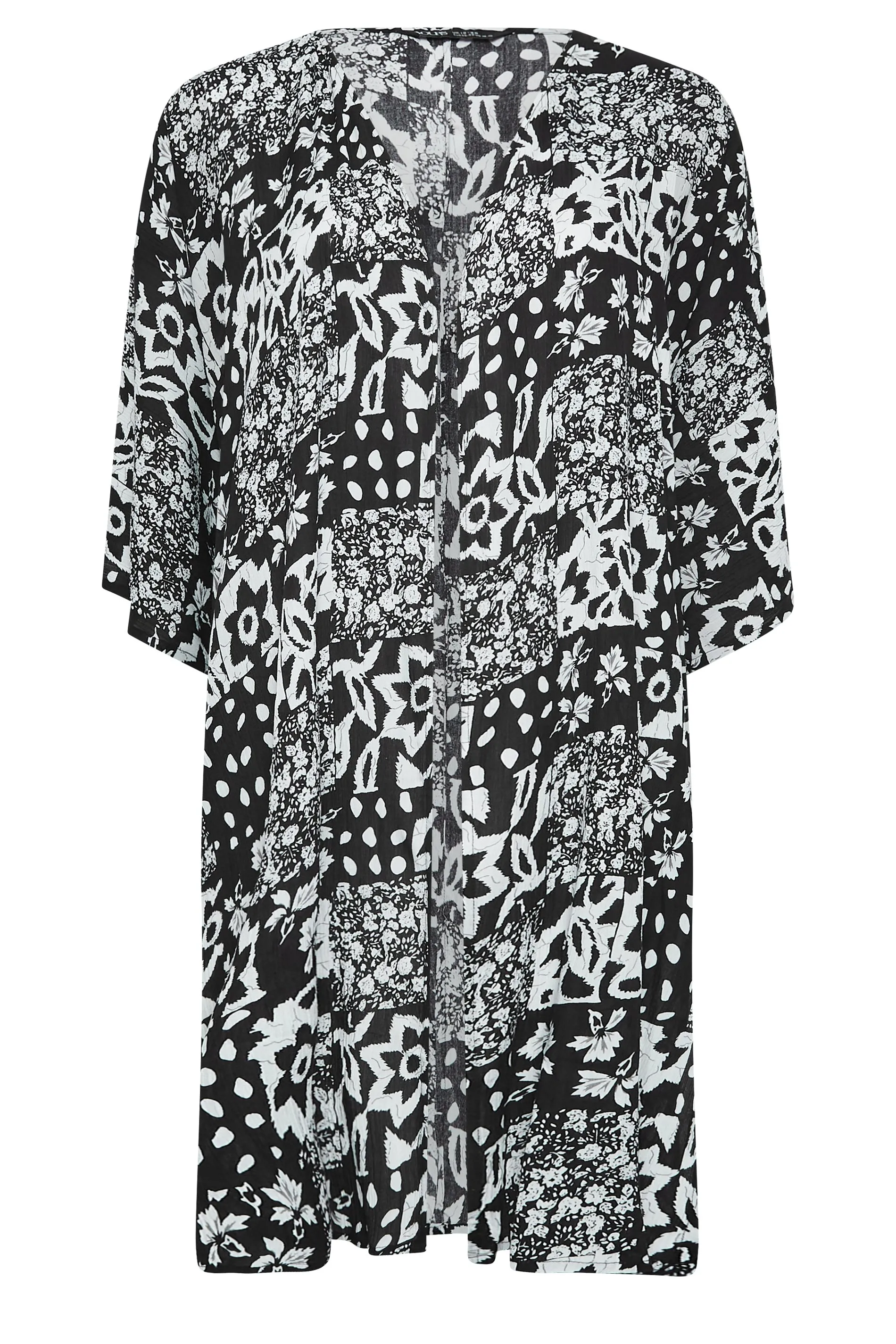 YOURS Tropical Print Longline Kimono Black: Curved Design.